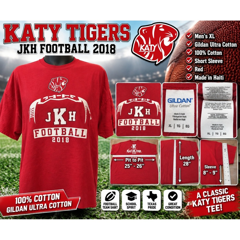Katy Tigers JKH Football 2018 T-Shirt Mens XL Red Gildan Ultra Cotton Tee